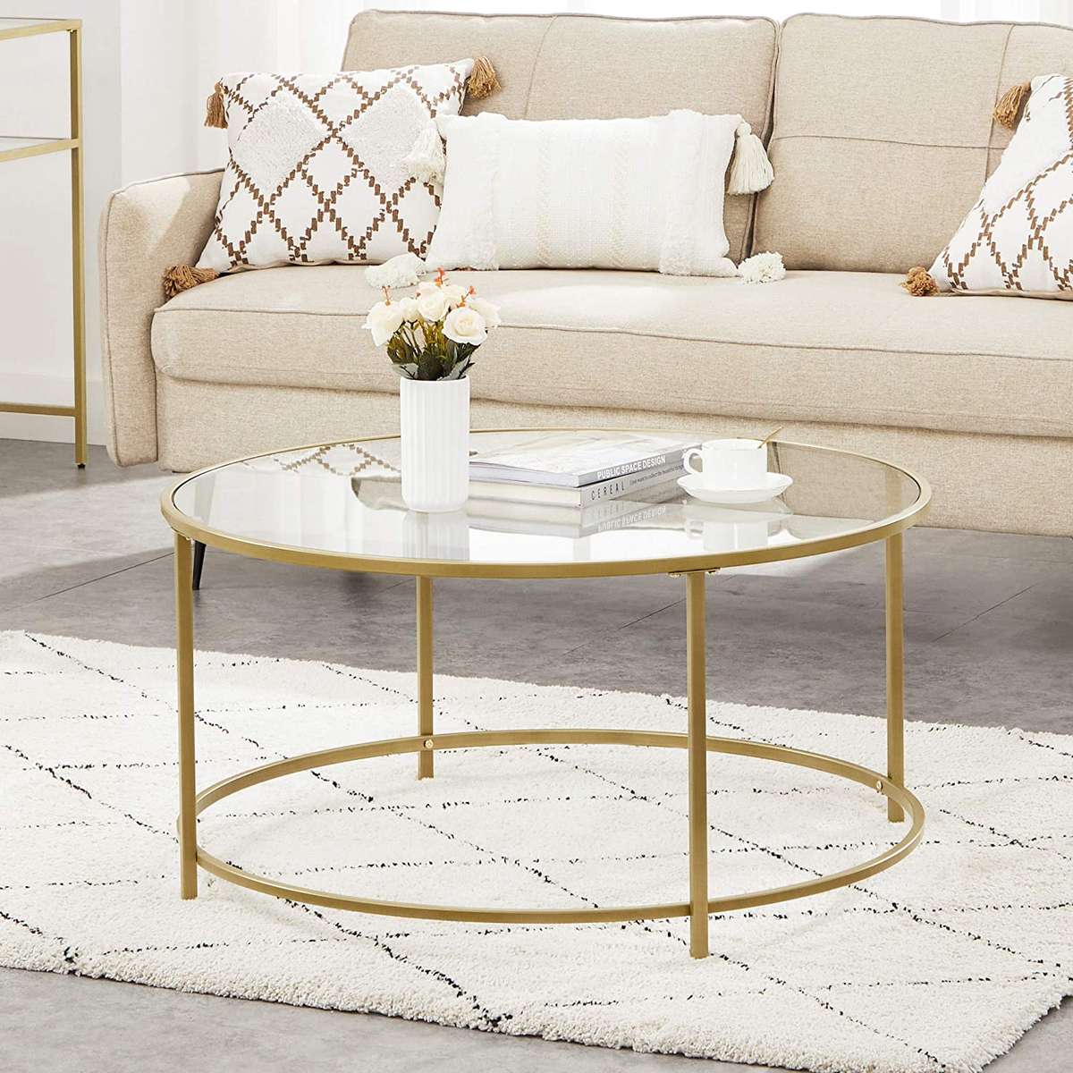 Lifespace Round Glass Coffee Centre Table with Gold Frame