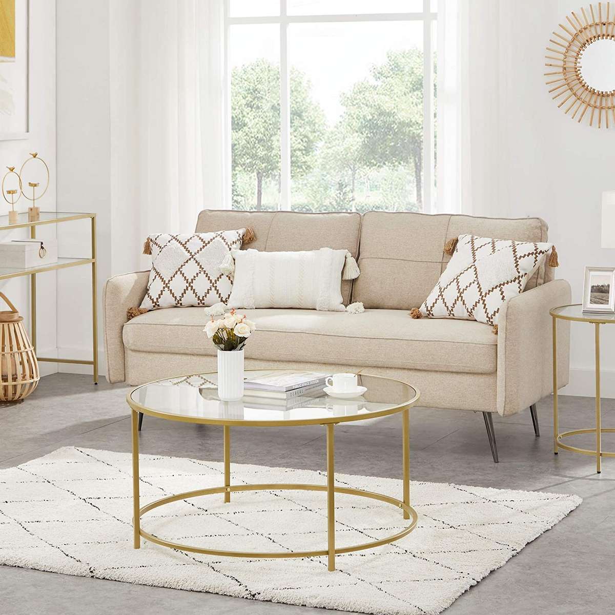 Lifespace Round Glass Coffee Centre Table with Gold Frame