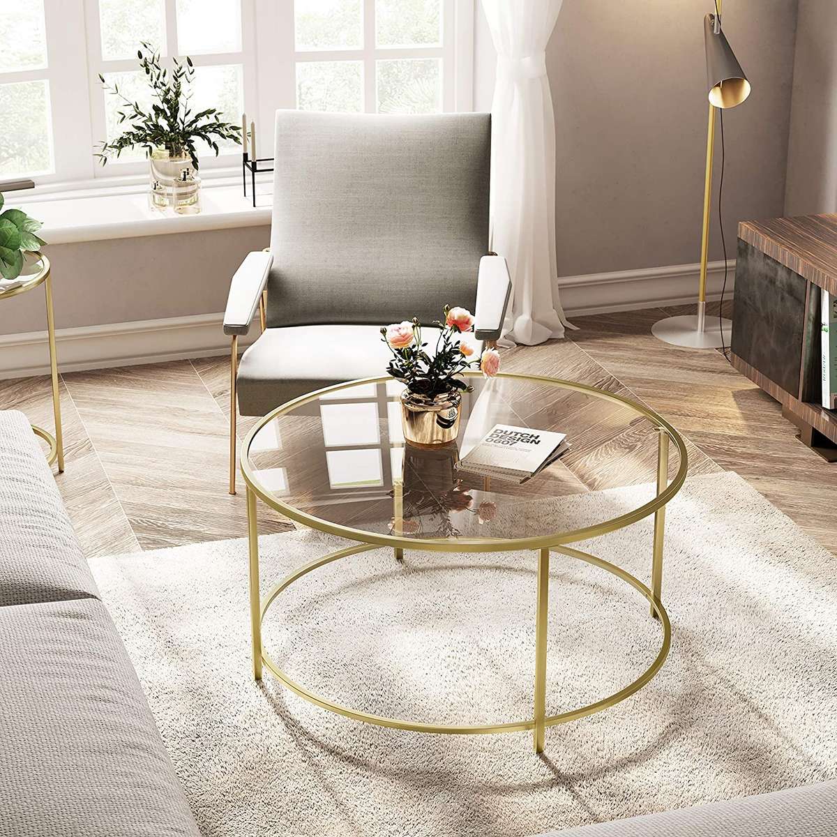 Lifespace Round Glass Coffee Centre Table with Gold Frame