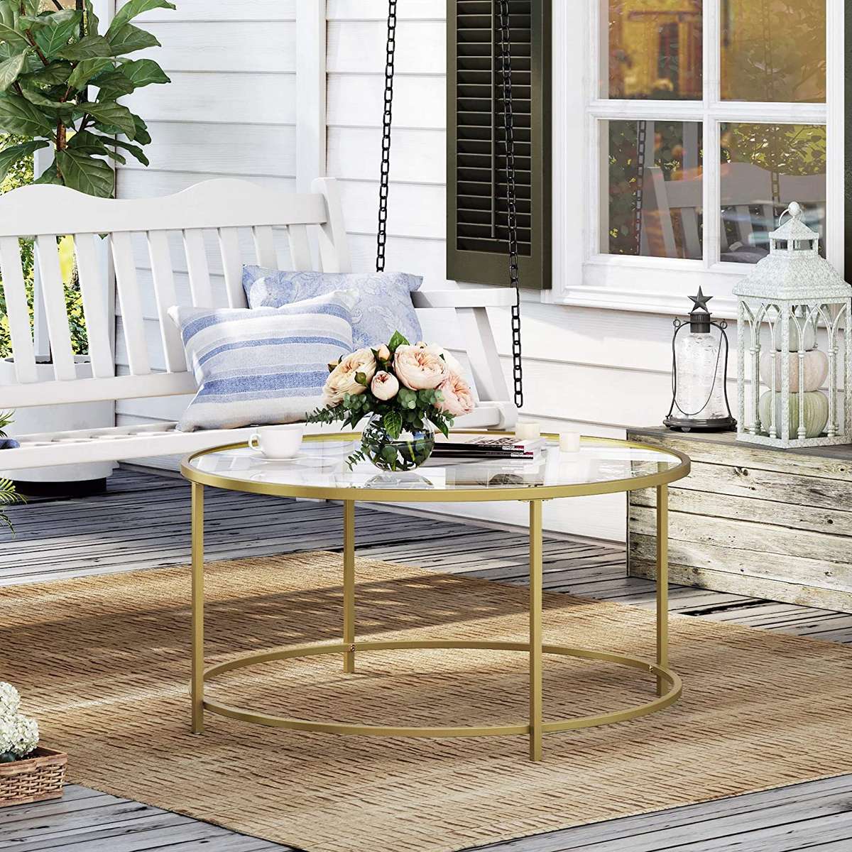 Lifespace Round Glass Coffee Centre Table with Gold Frame