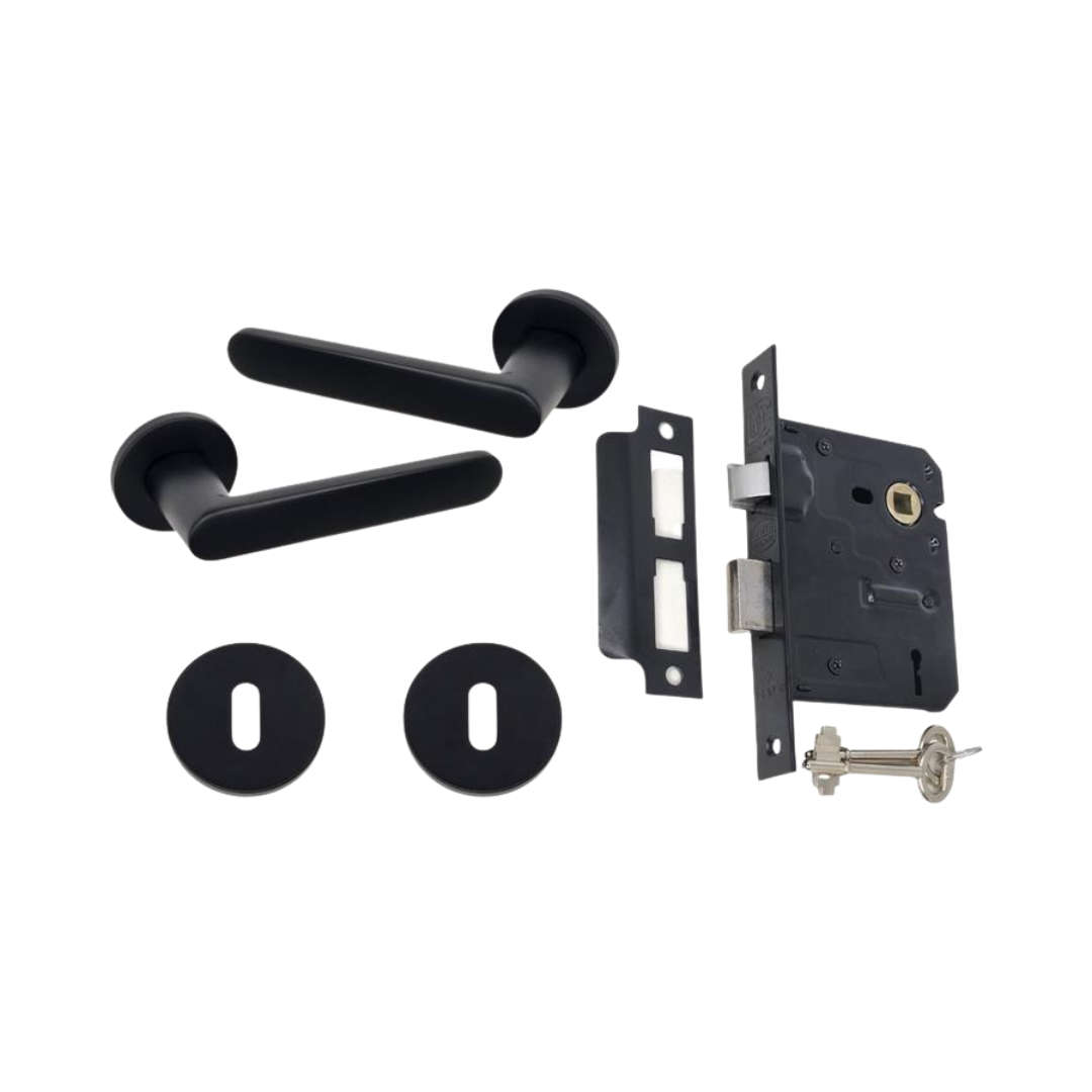 Modern Matt Black Door Handle on Round Rose with Two Lever Mortice Lock