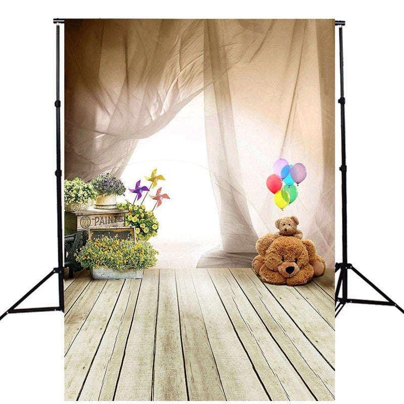 Bear Balloon Wooden Floor Photography Backdrop