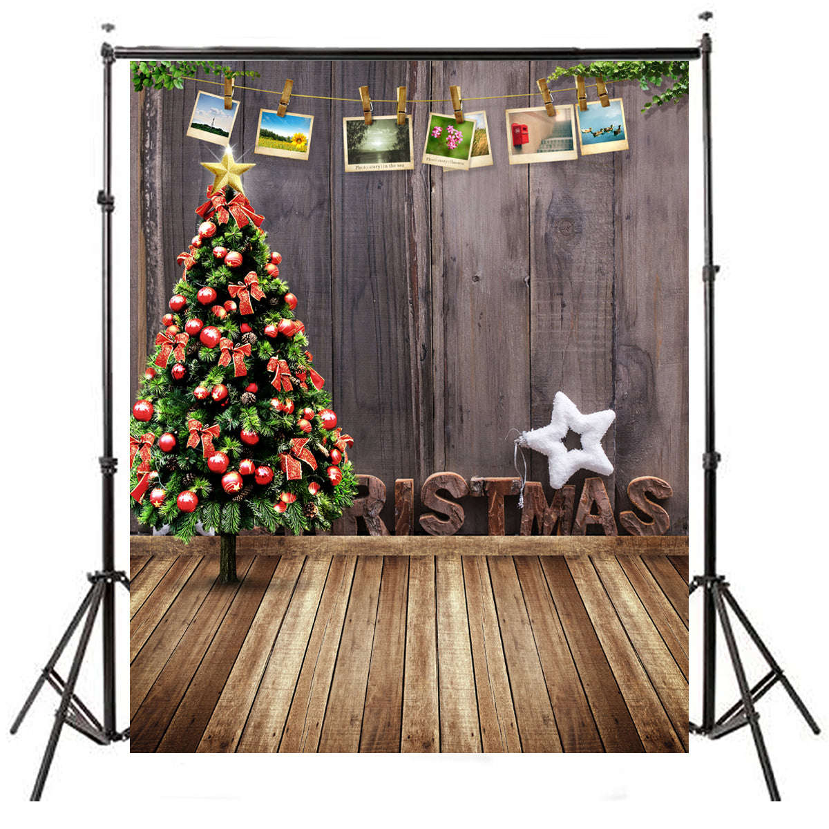Christmas Tree Wooden Floor Photography Backdrop