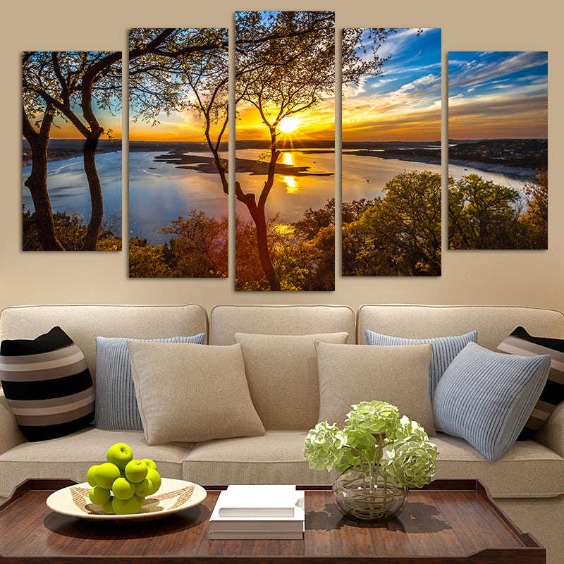 5 Panel Canvas Painting Sunset Lake Tree Seascape Landscape Poster Printing Wall Art Decor Pi... - M