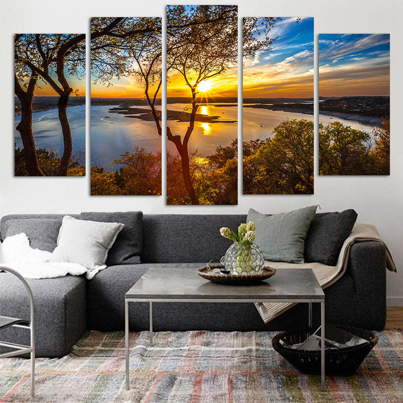 5 Panel Canvas Painting Sunset Lake Tree Seascape Landscape Poster Printing Wall Art Decor Pi... - M