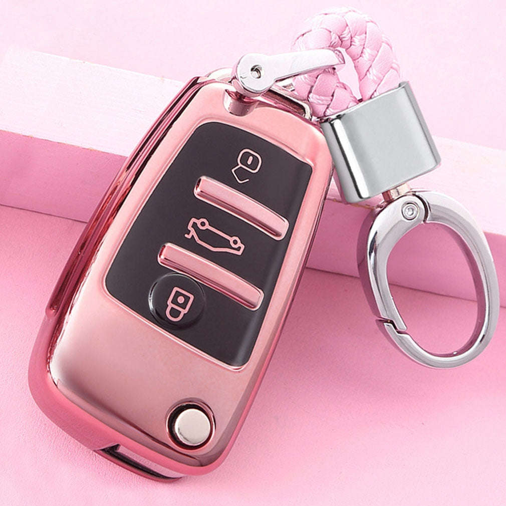 TPU One-piece Electroplating Opening Full Coverage Car Key Case with Key Ring for Audi A3 / Q3 (Pink