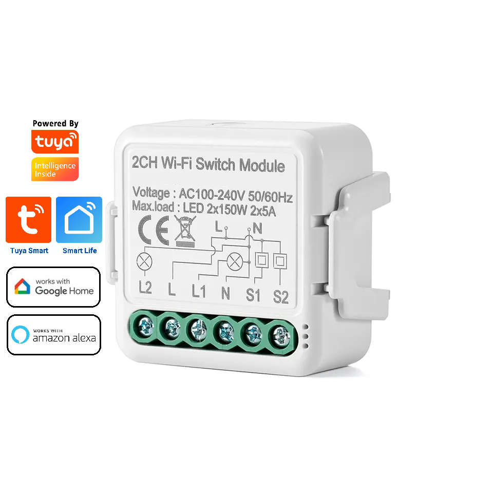 Smart Life Tuya WIFI 2CH 150W LED Light / 5A 1000W Appliance Neutral Mini Switch