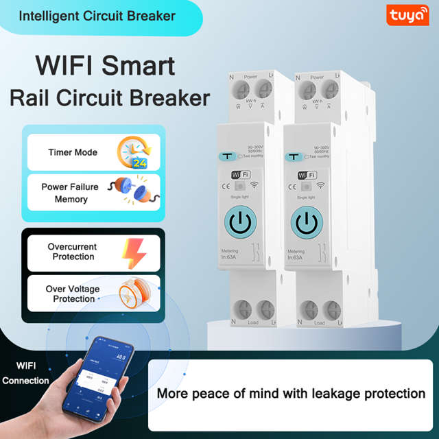 Smart Life Tuya WIFI 1P w/ Neutral & Leakage | 240V 63A 13800W 13.8KW w/ Power Monitor