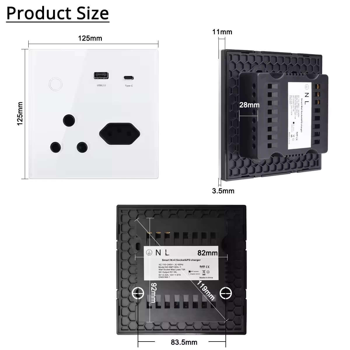 Smart Life Tuya Zigbee 13A 3000W 3 Pin 2 Pin Plug USB Switch w/ Power Monitor (White)