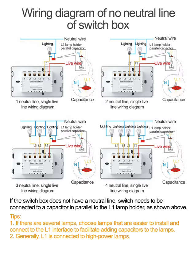 Smart Life Tuya WIFI 4CH LED Light Button Switch | Live & Neutral / Live & No Neutral Wire | Black