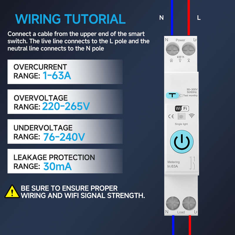 Smart Life Tuya WIFI 1P w/ Neutral & Leakage | 240V 63A 13800W 13.8KW w/ Power Monitor