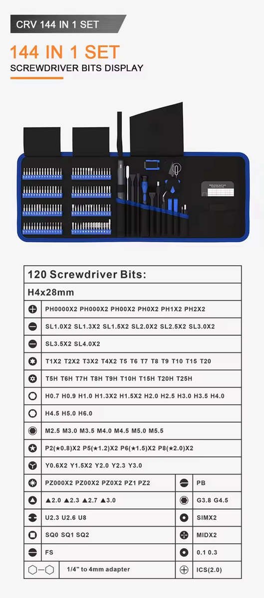 144 in 1 Precision Electric Screwdriver Set w/ 120 Magnetic Bits Tool Kit w/ Carry Case | Blue