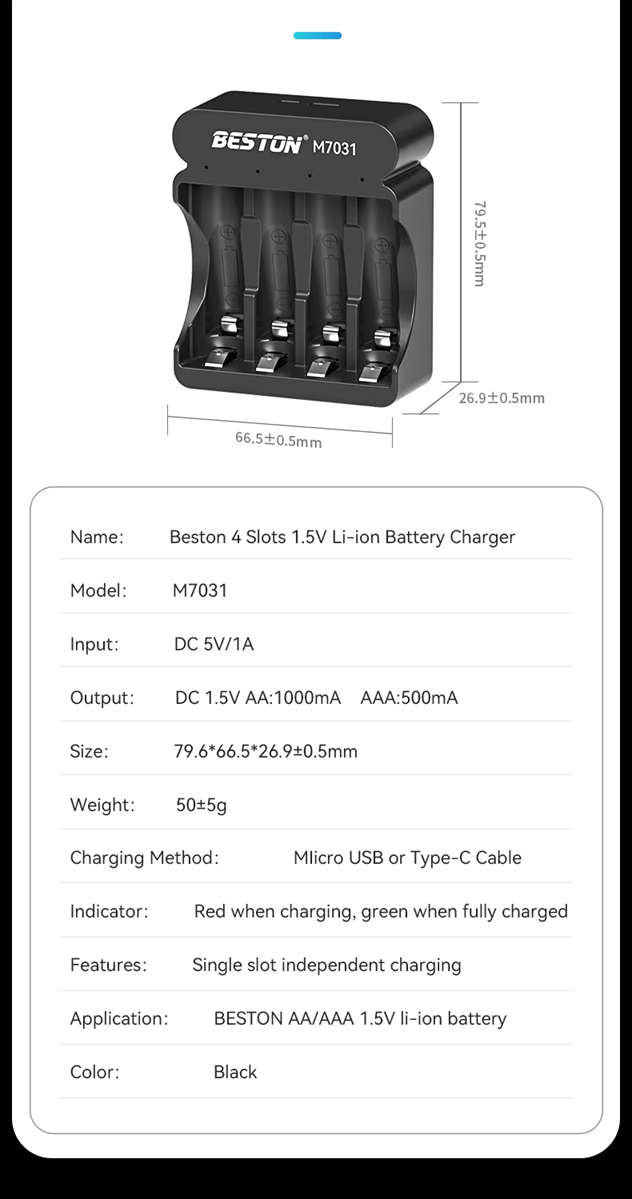 BESTON M7031 Rechargeable Lithium-ion Battery Charger for BESTON AA AAA 1.5V Batteries | 4 Slot
