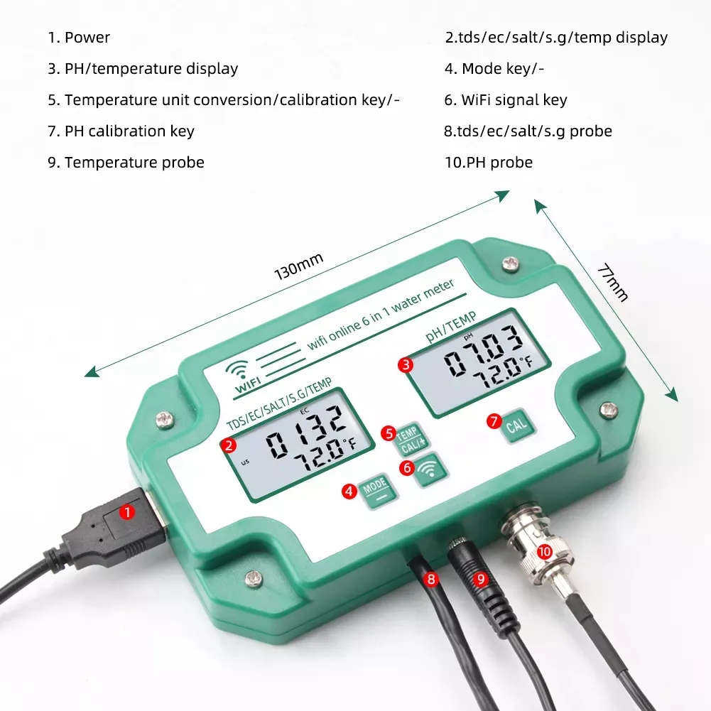 Smart Life Tuya WIFI Water Quality Detector 6 in 1 TDS/EC/PH/Salinity/S.G/Temperature Tester