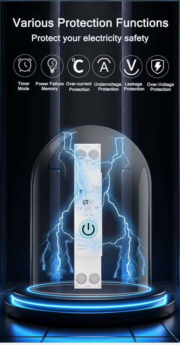 Smart Life Tuya WIFI 1P w/ Neutral & Leakage | 240V 63A 13800W 13.8KW w/ Power Monitor