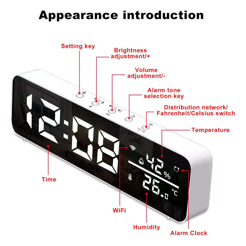 Smart Life Tuya WIFI Alarm Clock Time LED Display w/ Temperature & Humidity Sensor | 5V | White