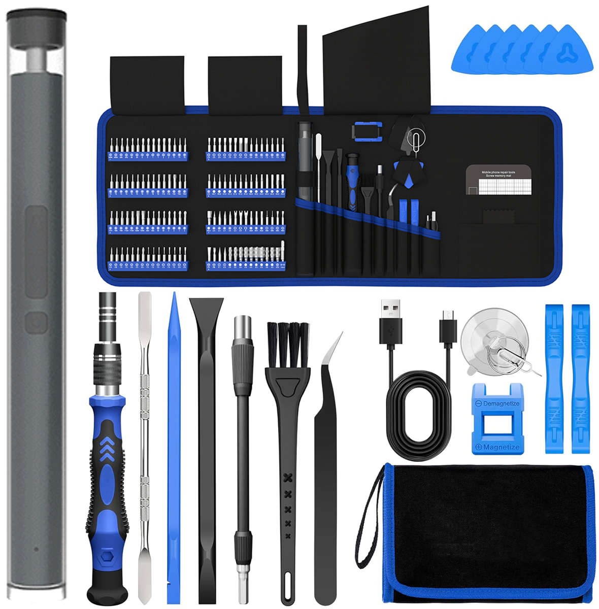 144 in 1 Precision Electric Screwdriver Set w/ 120 Magnetic Bits Tool Kit w/ Carry Case | Blue