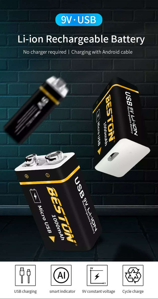 BESTON 9V Micro USB Rechargeable Lithium Battery | 9V | 400mAh | 1 Pack