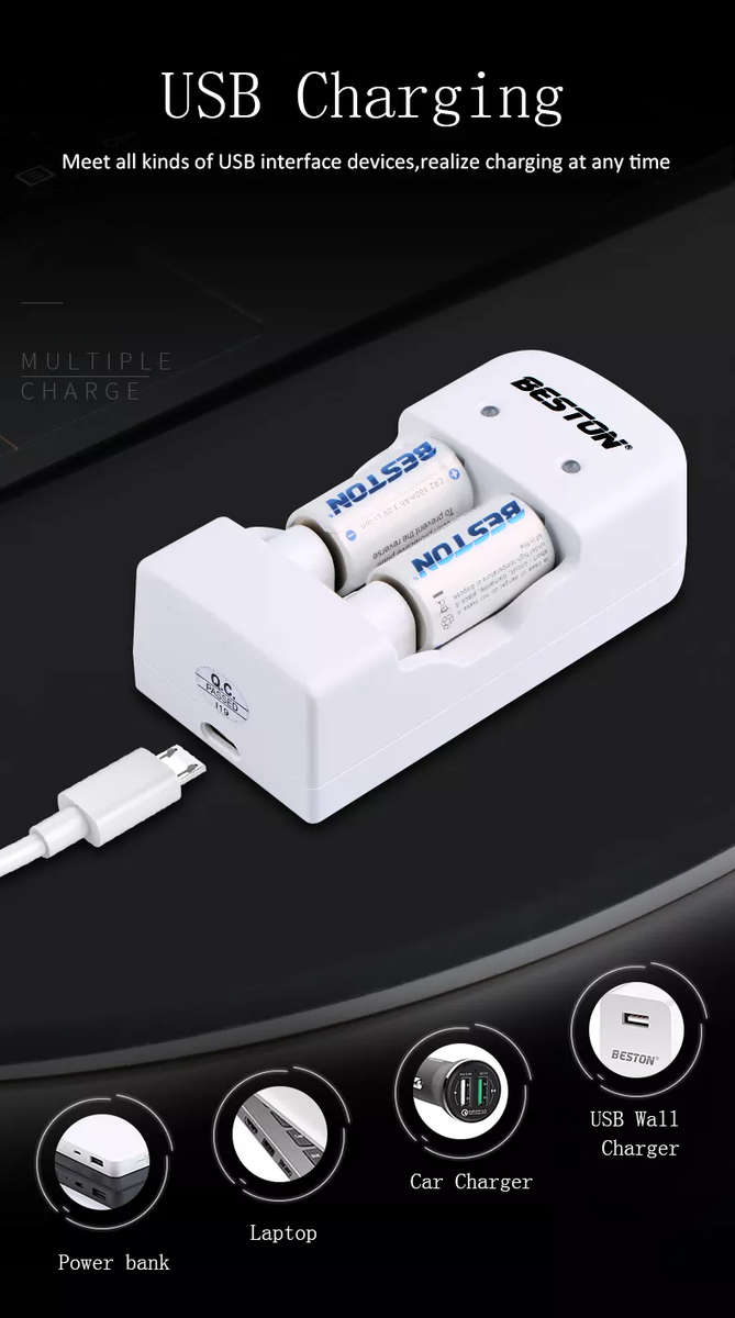 BESTON CR2 Rechargeable Lithium Battery | 15270 | 3V | 300mAh | 2 Pack with Battery Charger
