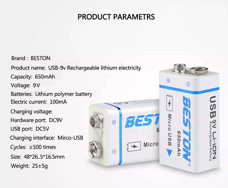 BESTON 9V Micro USB Rechargeable Lithium Battery | 9V | 260mAh | 1 Pack