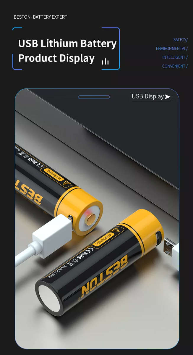 BESTON AA Micro USB Rechargeable Lithium Battery | 14500 | 1.5V | 2200mAh | 2 Pack