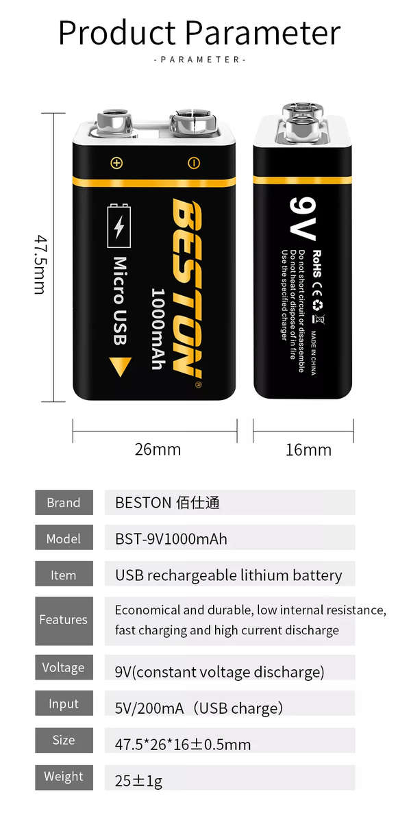 BESTON 9V Micro USB Rechargeable Lithium Battery | 9V | 400mAh | 1 Pack
