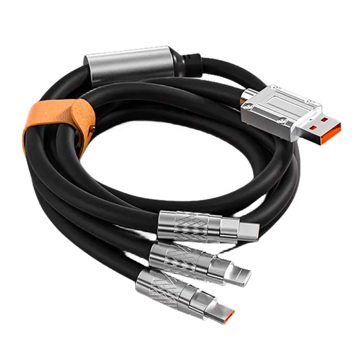 Retractable Fast Charging Cable 1.2m 100W 6A 3-in-1 Durable - Black