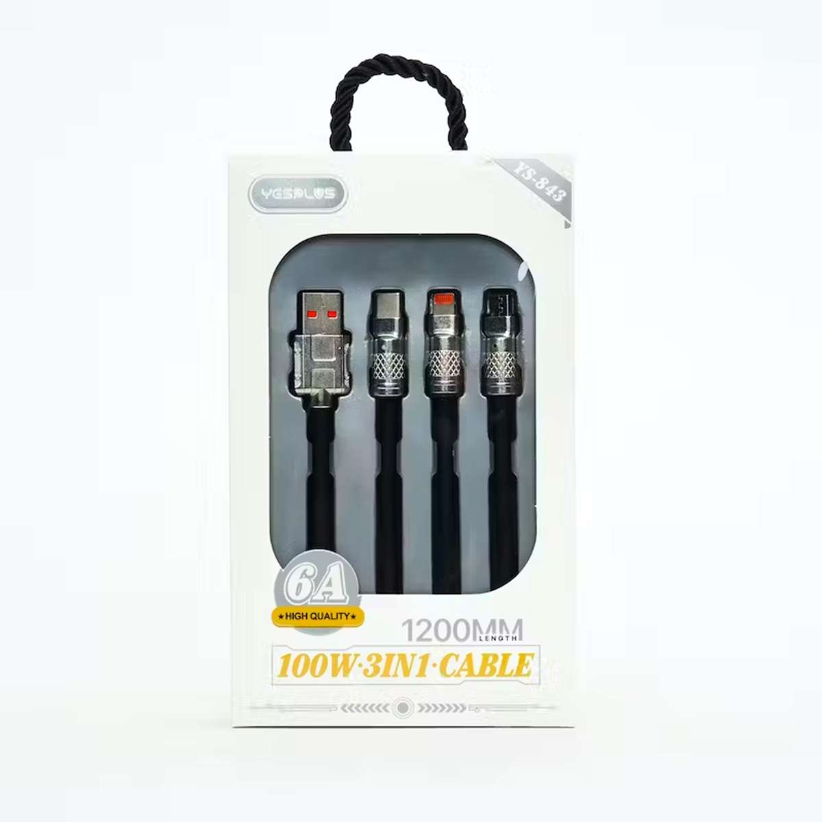Retractable Fast Charging Cable 1.2m 100W 6A 3-in-1 Durable - Black