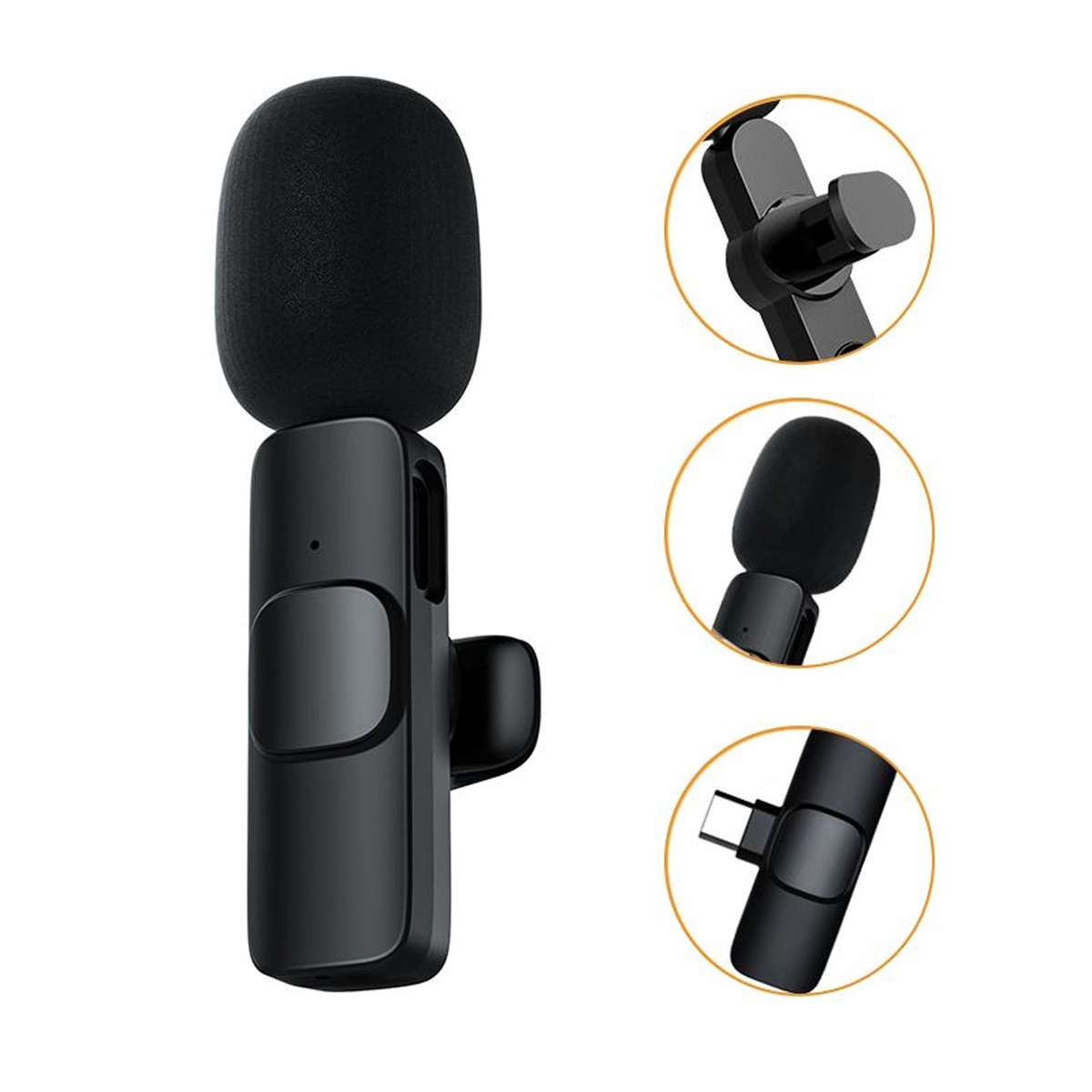 Wireless Lavalier Microphone K9 - Type-C Mic Wireless Plug and Play - Black