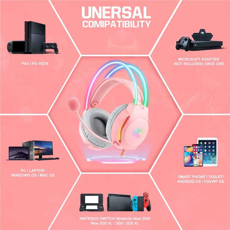 ONIKUMA X26 E-sports Gaming Headset with RGB Lighting Noise Reduction Wired Headphone - Pink