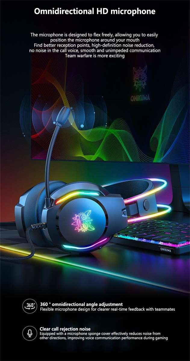 ONIKUMA X26 E-sports Gaming Headset with RGB Lighting Noise Reduction Wired Headphone - Black