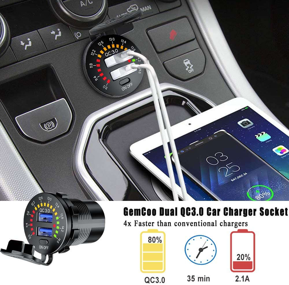 Dual QC3.0 USB Charger with LED Digital Voltmeter & On/Off Switch