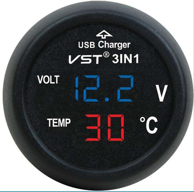 3 in 1 VST-706 Digital LED car Voltmeter Thermometer Auto Car USB Charger 12V/24V Cigarette Lighter