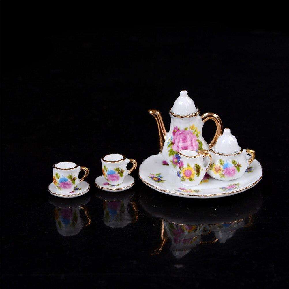 Miniature Tea Set (for Printer's Tray/Dollhouse) Floral Multicoloured with 'Gold'