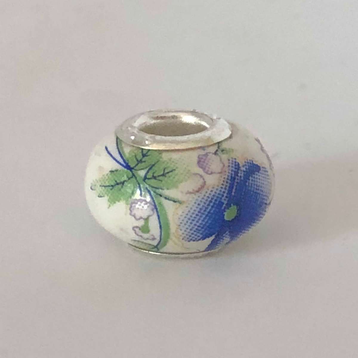 Bead Fitting Pandora Murano-Type White Ceramic Blue & Green Flower Design
