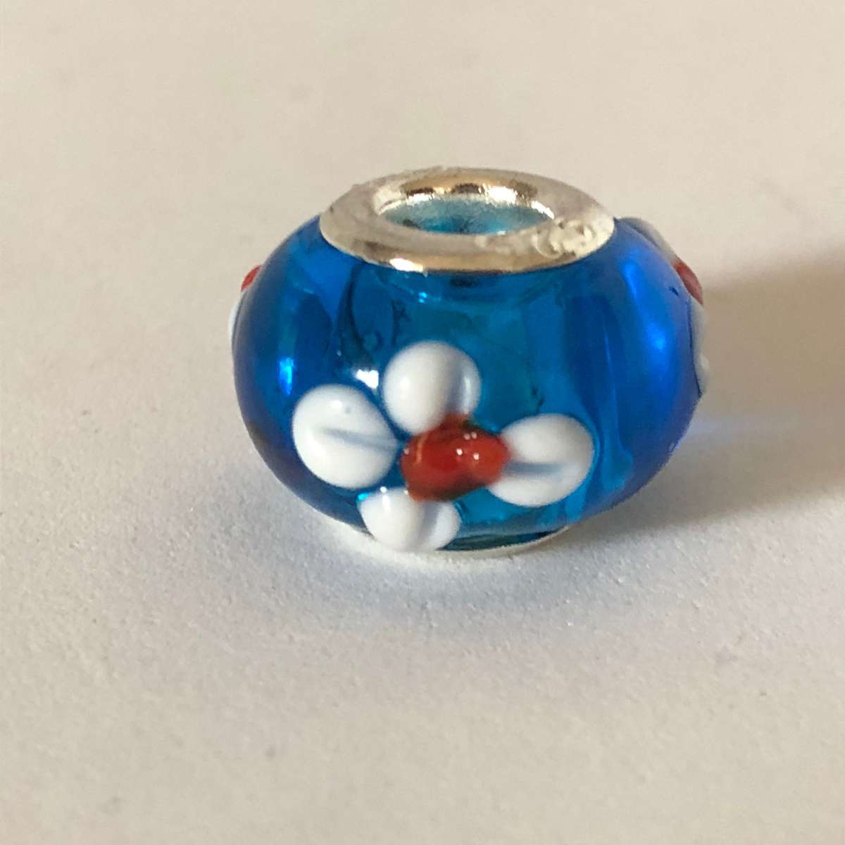 Bead Fitting Pandora Murano-Type Blue White & Red Flower Emboss