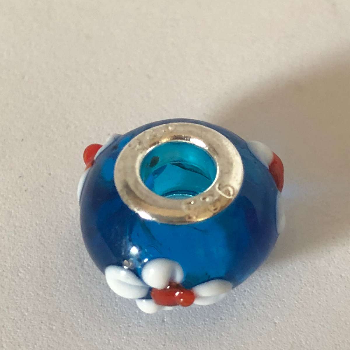 Bead Fitting Pandora Murano-Type Blue White & Red Flower Emboss