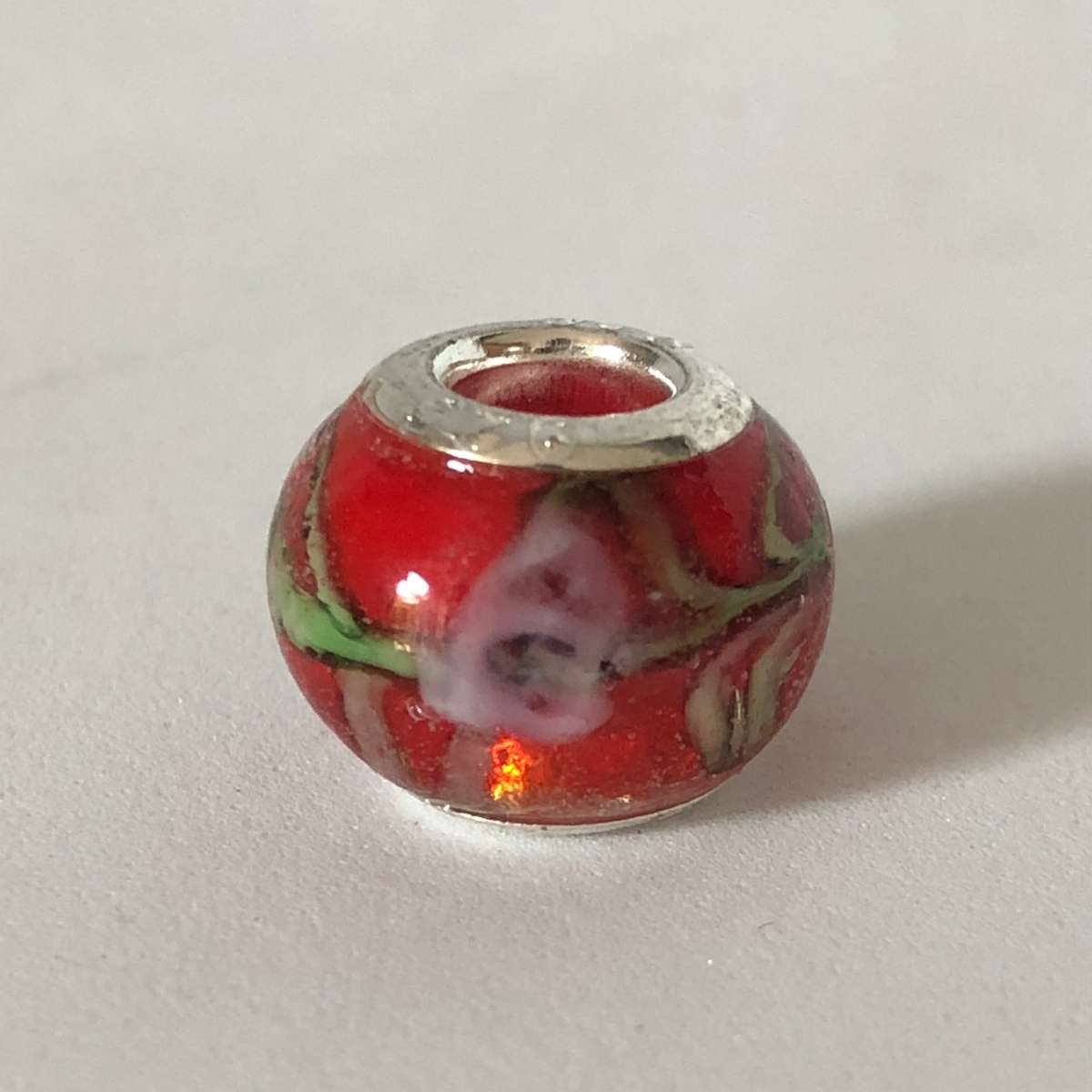 Bead Fitting Pandora Murano-Type Red Pink & Green Flower