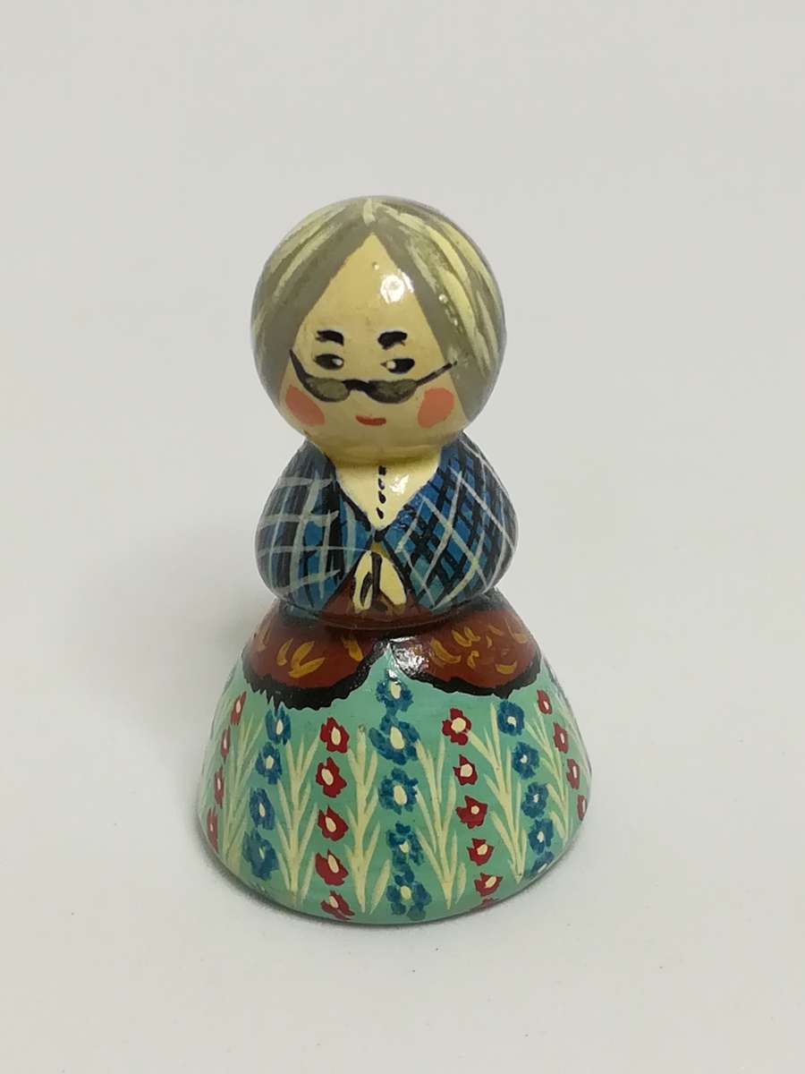 Miniature Wooden Grandmother Doll Glasses, Dressed in Pretty Dress & Blue Scarf (for Printer's Tr...