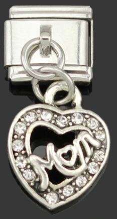 Italian Charm Dangle Rhinestone Heart 'Mom' Diamante (Fits Nomination Bracelet)