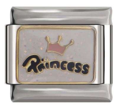 Italian Charm White Enamel Plate with 'Princess' on 'Silver' Link (Fits Nomination Bracelet)