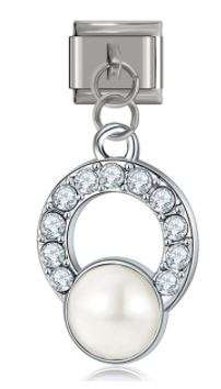Italian Charm Diamante Sphere and Clear Pearl 'Silver' Dangle (Fits Nomination Bracelet)