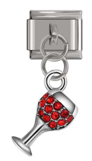 Italian Charm Diamante Red Wine Glass 'Silver' Dangle (Fits Nomination Bracelet)