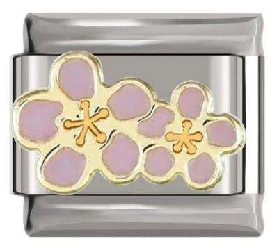 Italian Charm Pink Enamel Flowers with 'Gold' Outline on 'Silver' Link (Fits Nomination Bracelet)