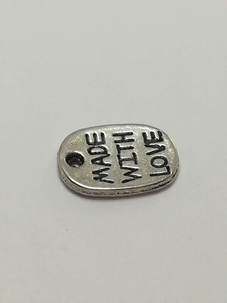 Charm Dangle: 'Silver' Made with Love Oval Disk with Engraving