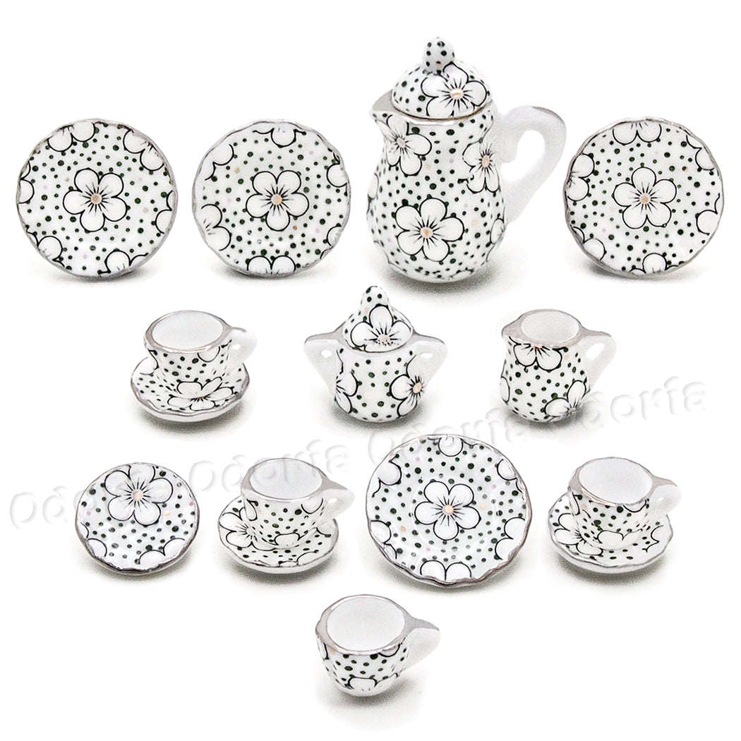 Miniature Tea Set - Black & White Flowers (Miniature, suitable for printer's tray)