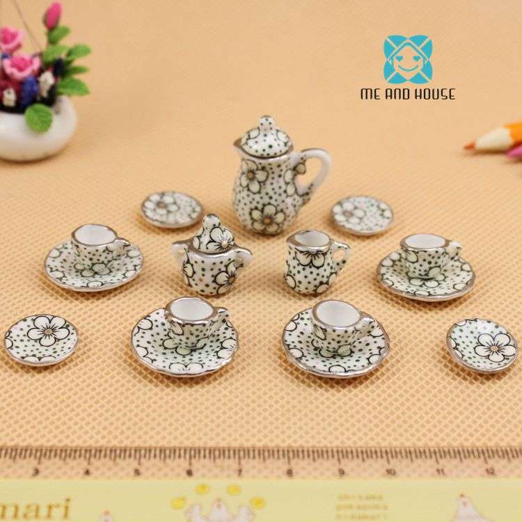 Miniature Tea Set - Black & White Flowers (Miniature, suitable for printer's tray)