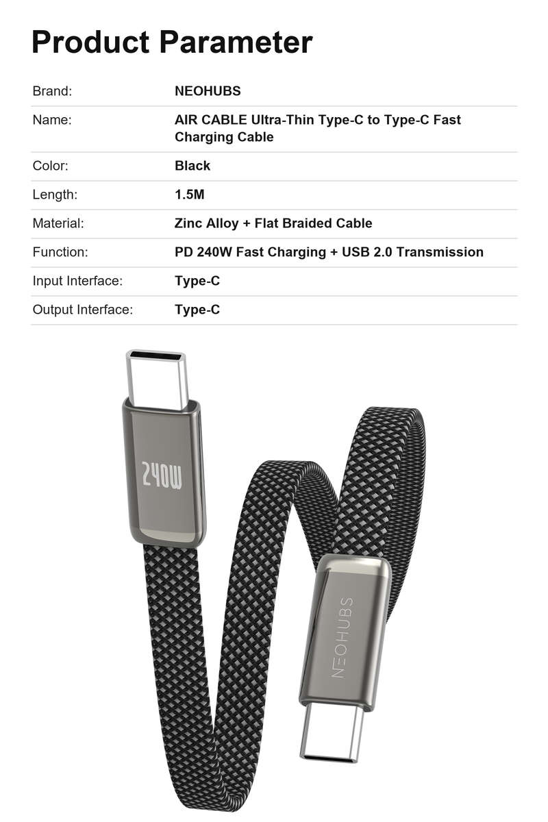 NEOHUBS AIR CABLE 240W USB C to USB C - Type C Fast Charger Cable - 1.5M
