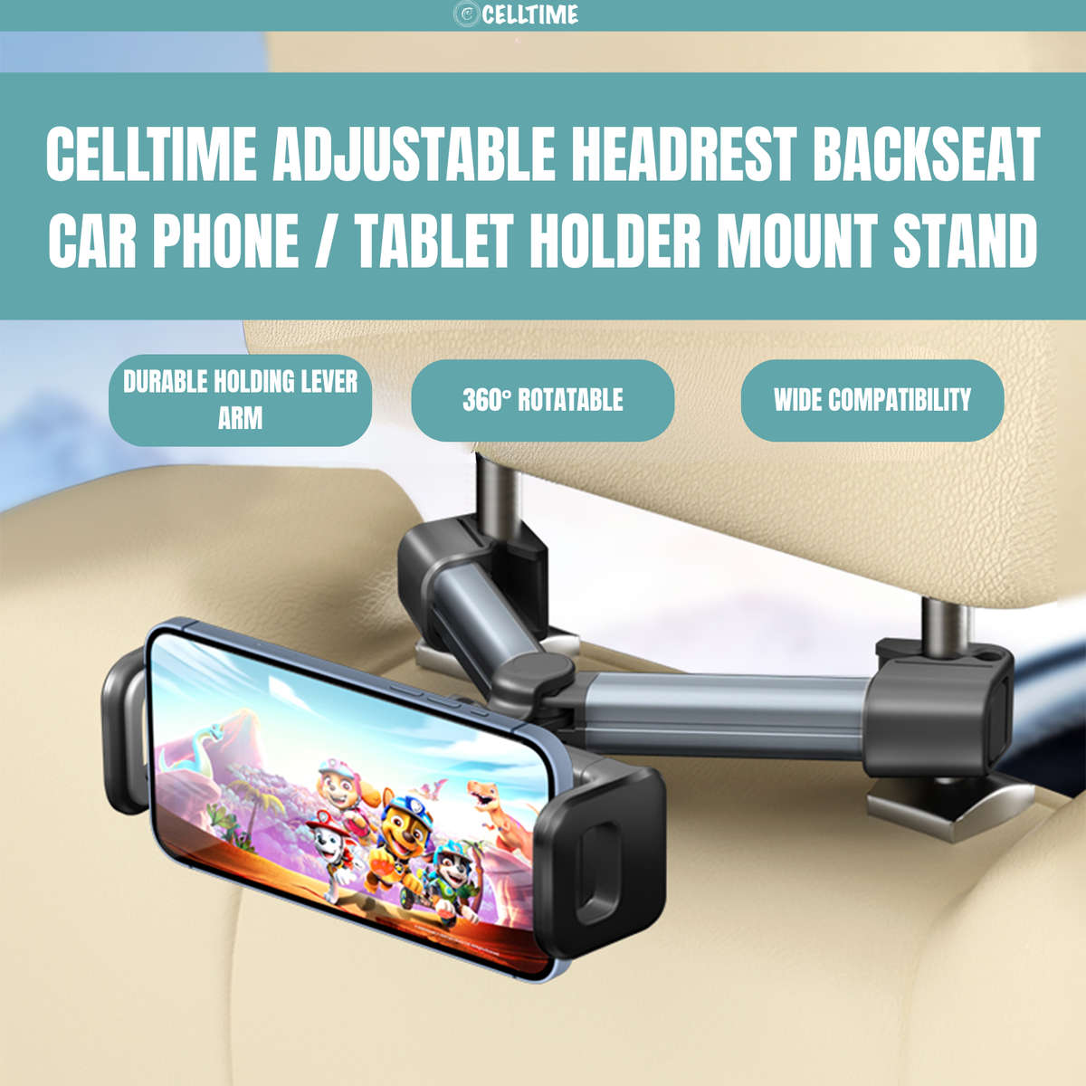 CellTime Adjustable Headrest Backseat Car Phone / Tablet Holder Mount Stand