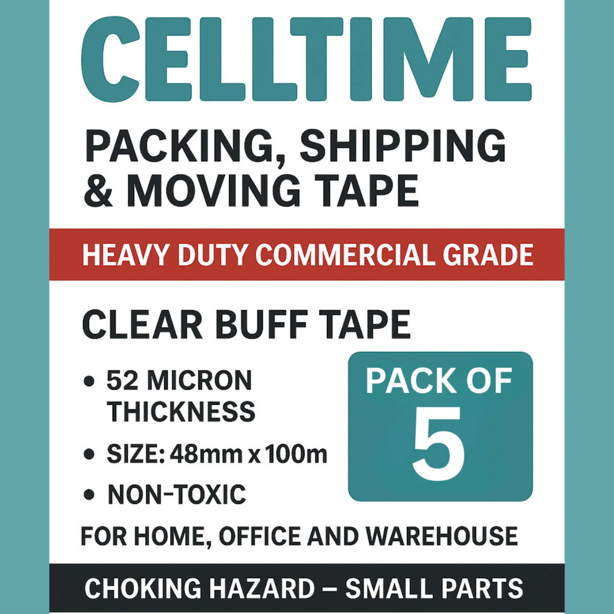 CellTime Heavy-Duty Clear Packaging Buff Tape (48mm x 100m) - 5 Rolls